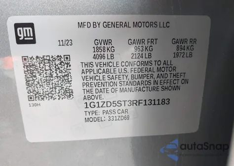 2024 Chevrolet Malibu Fwd 1Lt из США, поврежденный, VIN 1G1ZD5ST3RF131183